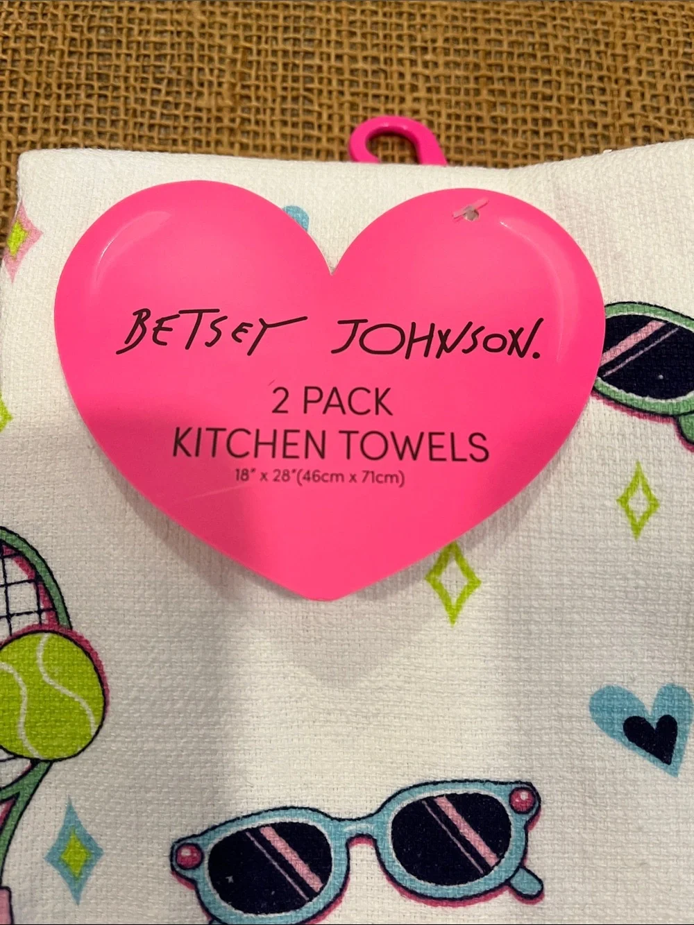 Betsey Johnson White Kitchen Towel with Pink, Lime & Teal Tennis Motif